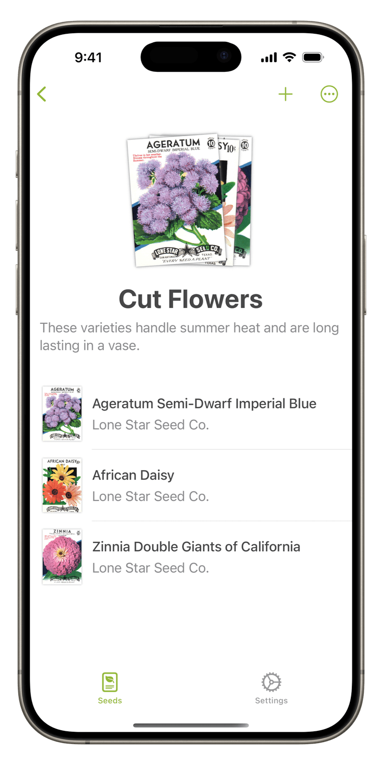 Growing Sunflowers information screen in Seed Keep App